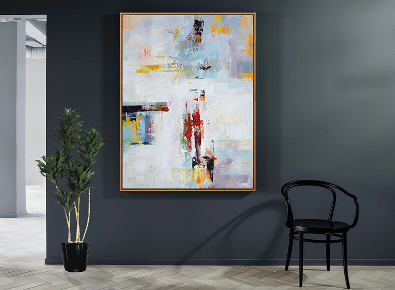Original Extra Large Wall Art,Vertical Palette Knife Contemporary Art,Original Abstract Painting Canvas Art,White,Grey,Red,Yellow.Etc - Click Image to Close